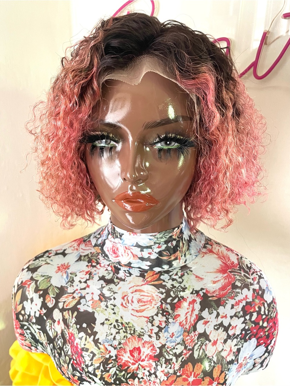 Rose Pink Water Curly Human Hair Lace Front Pixie Wig